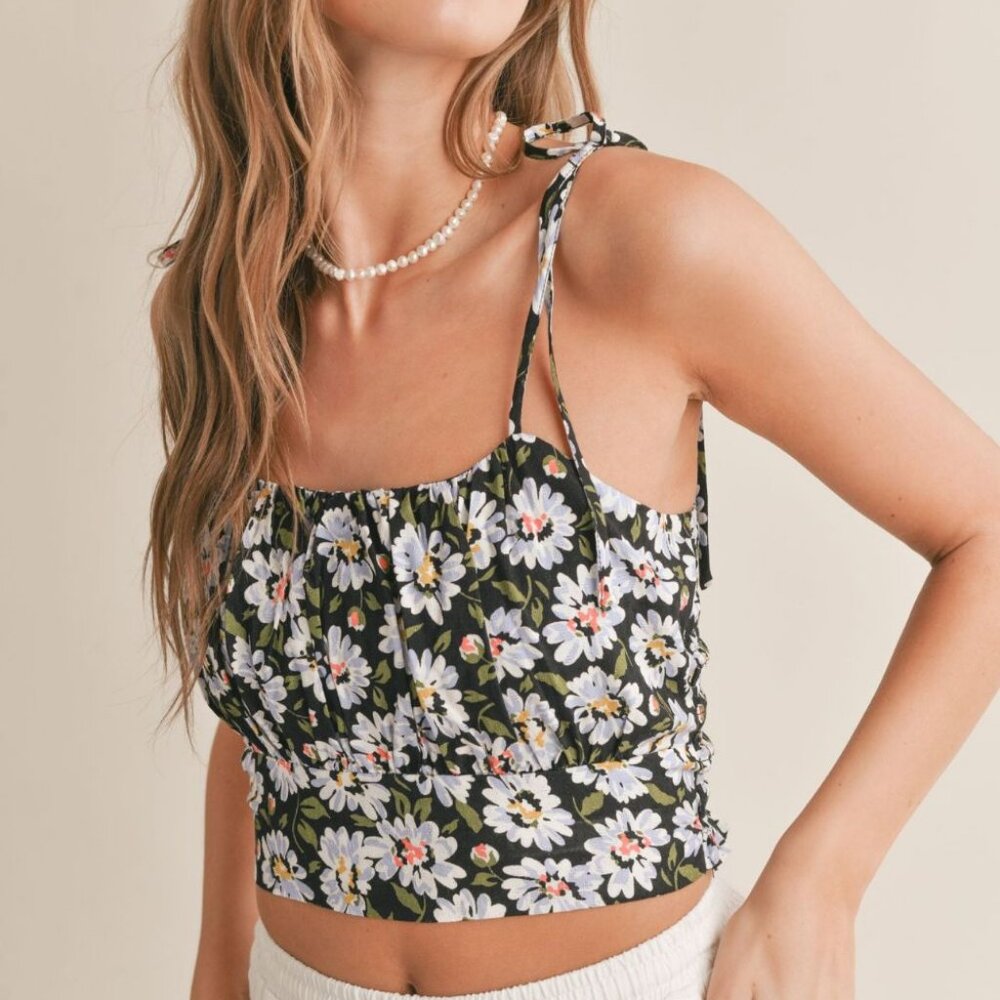Women's Blue Daisy Floral Tank Top | Black Multi